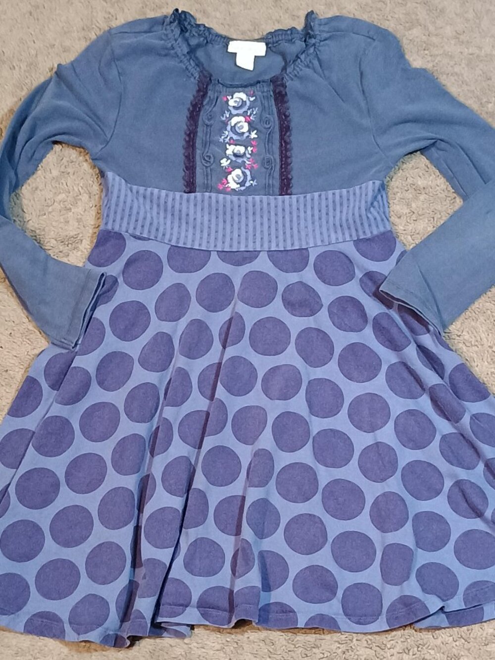 Naartjie/Dress/Girls XL 7/Blue Grey Floral Embroidered Polka Dot Cottagecore